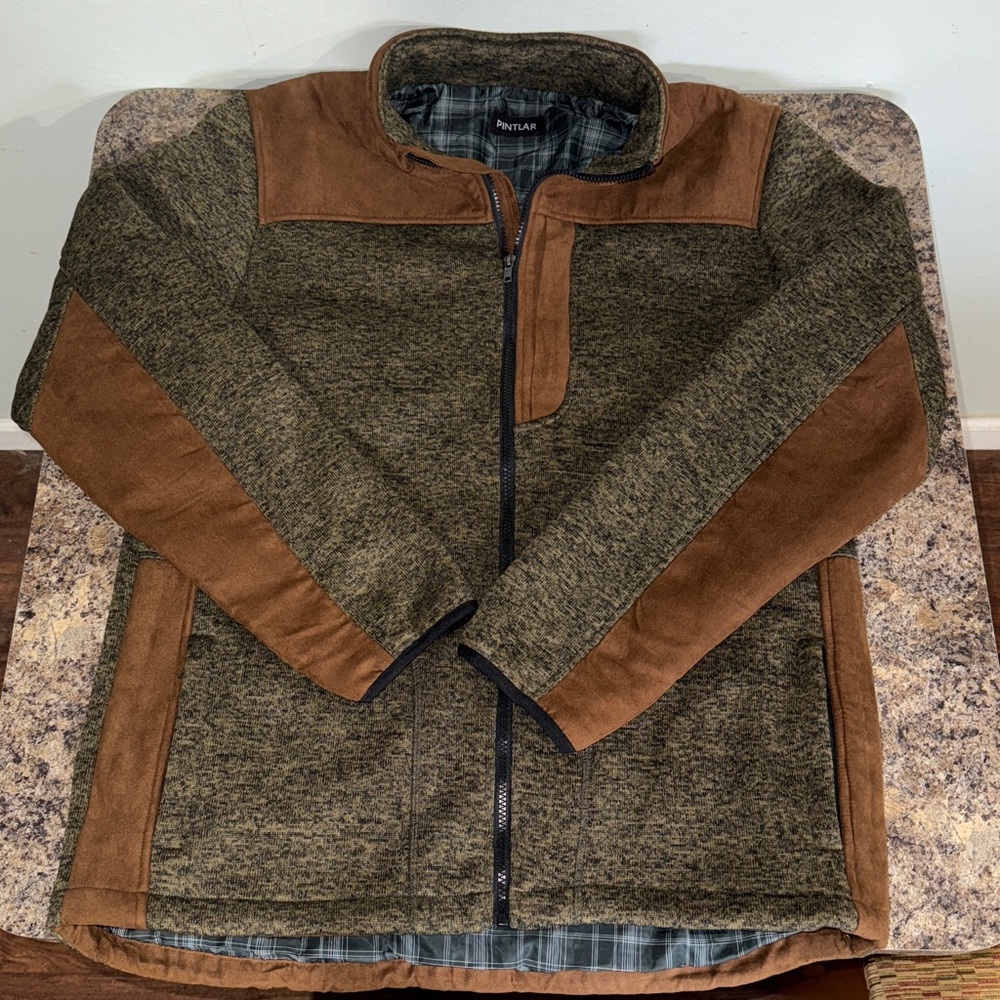 Pintlar Men’s Two Tone Zip Up Sweater Brown Faux Suede & Olive Size XXL - Picture 8 of 16